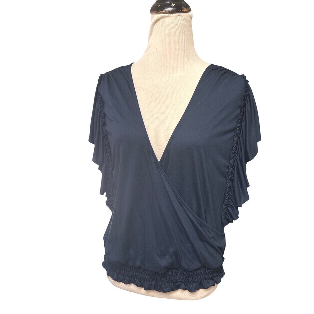 Anthropologie Navy Ruffle Sleeve Wrap Top Smocked Hem NWT Plus Size 1X